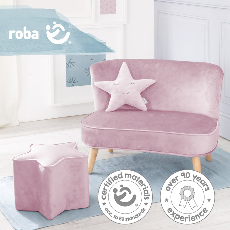 El paquete 'Lil Sofa' contiene un sofá para niños, un taburete para niños en forma de estrella y una almohada de estrella en rosa / malva.