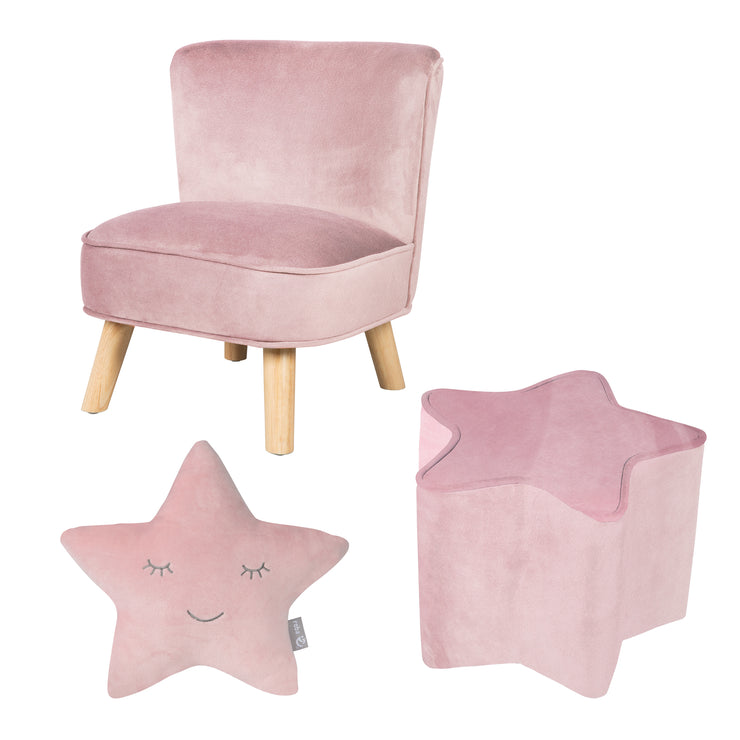 El paquete 'Lil Sofa' incluye sillón para niños, taburete infantil en forma de estrella, almohada decorativa estrella rosa /malva
