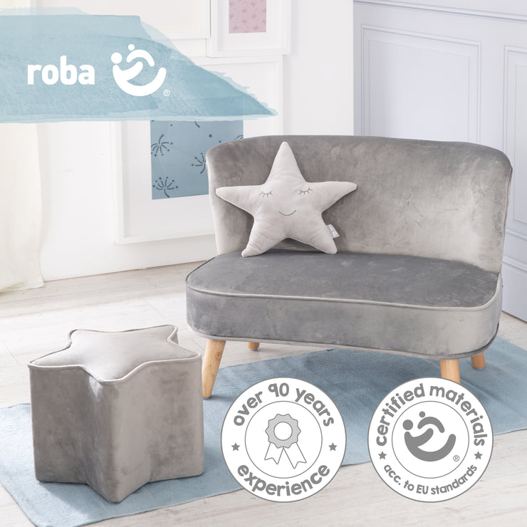 Pacchetto "Lil Sofa" contiene divano per bambini, sgabello per bambini a forma di stella, cuscino decorativo a stella color grigio argento