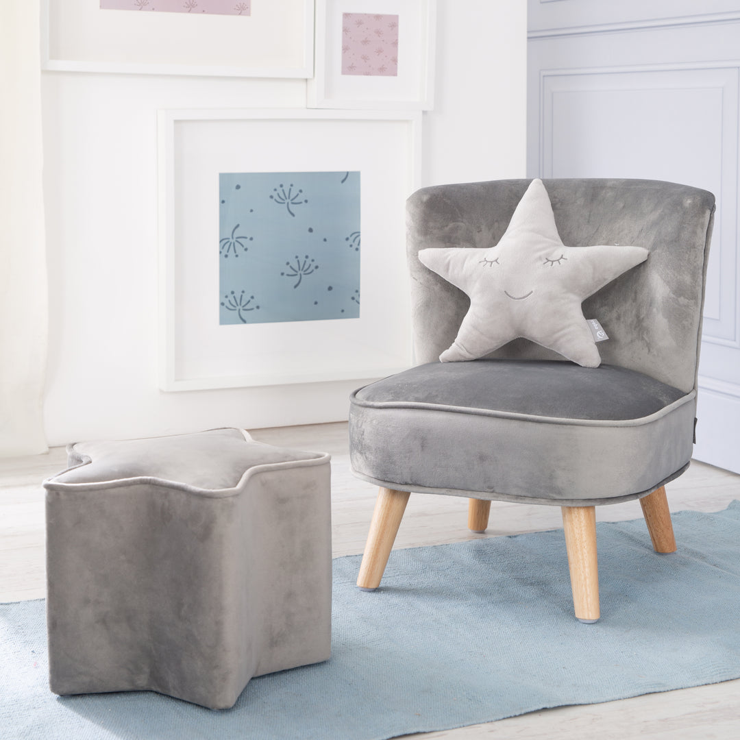 Ensemble 'Lil Sofa' - Fauteuil, tabouret et coussin en forme d'étoile - Gris argenté