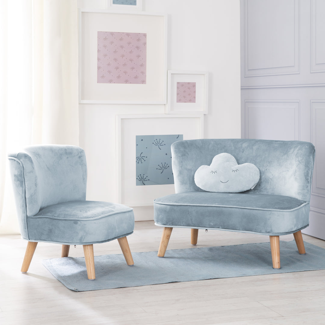 Ensemble 'Lil Sofa' - Canapé, fauteuil et un coussin décoratif en forme de nuage - Bleu clair