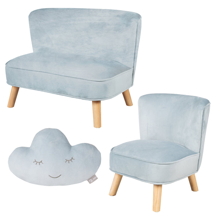 El paquete 'Lil Sofa' contiene un sofá para niños, un sillón para niños y una almohada con forma de nube en azul claro / cielo