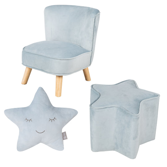 Bundle 'Lil Sofa' inkl. Kindersessel, Sternenhocker & Dekokissen Stern in hellblau/sky