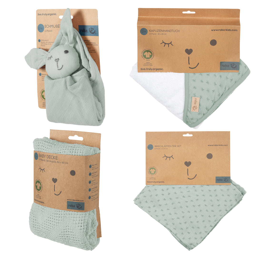 Set da regalo biologico 'Lil Planet' verde ghiaccio, asciugamano, flanella, telo per le coccole e coperta, GOTS