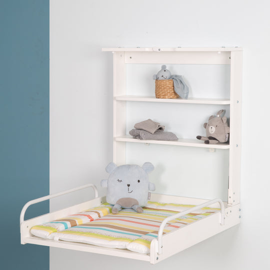 Estante de pared para cambiar, estante plegable para cambiar, blanco incluye almohadilla para cambiar 'Dschungelbaby'