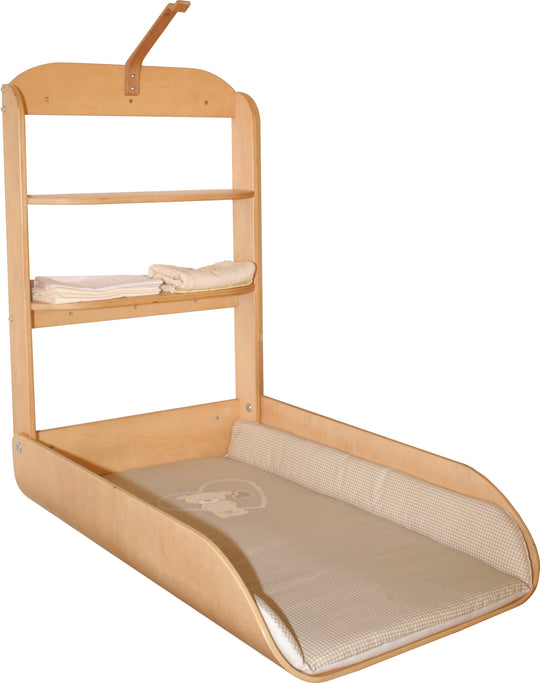 Estante para cambiar montado en la pared, estante plegable de madera curvada, incluye almohadilla para cambiar 'Liebhabär'