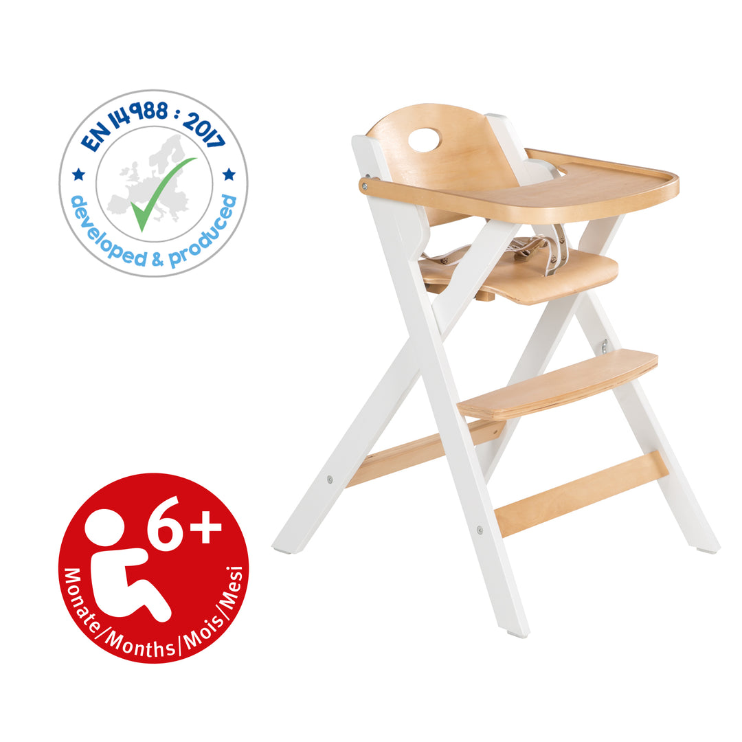 Folding High Chair 'Fold Up Smart' - Space-Saving & Foldable, Baby & Children's High Chair, Natural/White Wood