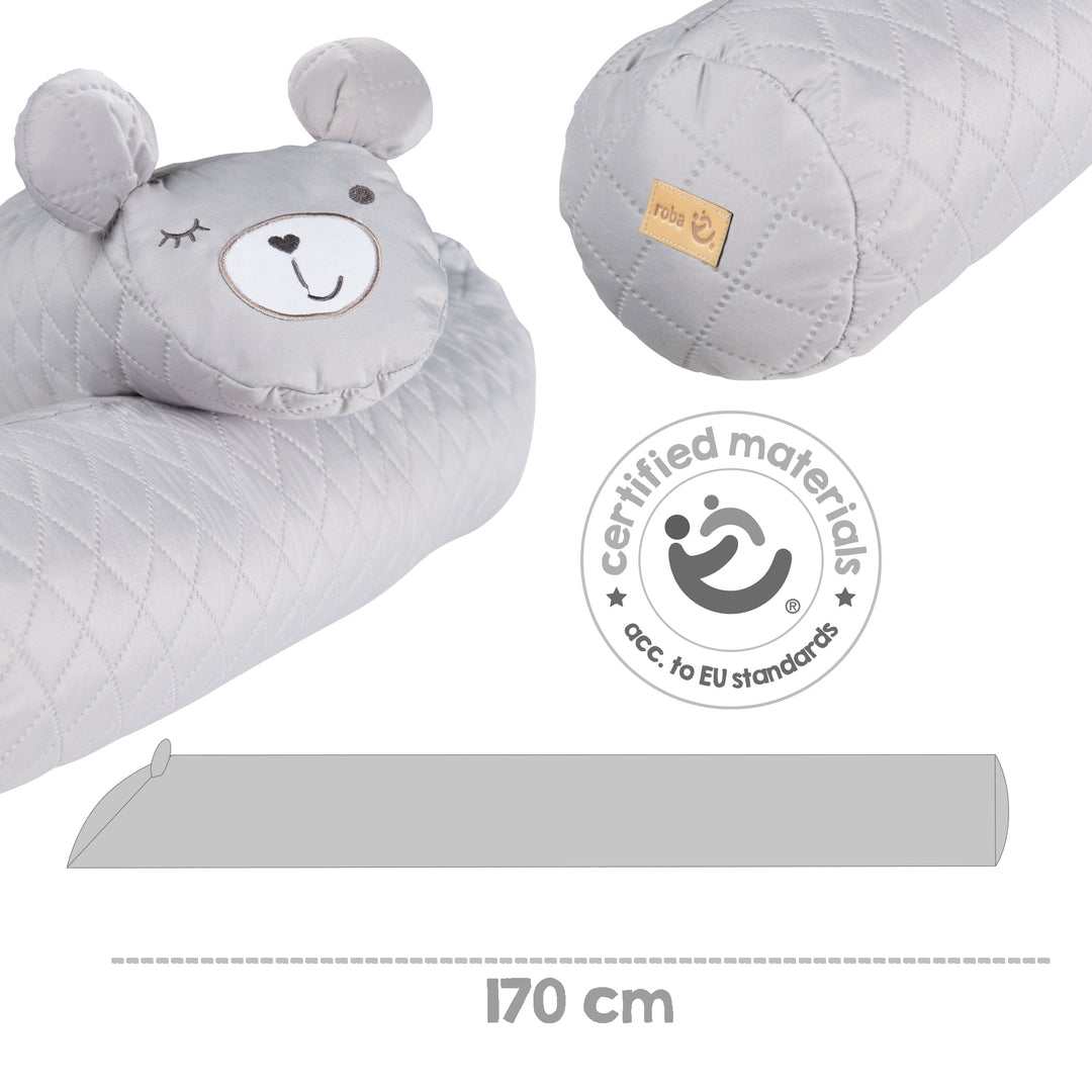 Bed Bumper 'roba Style', Baby Bed Border with Bear Face 'Sammy', Grey, 170 cm