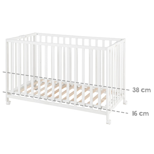 Lit bébé pliable 'Fold Up' 60 x 120 cm - Hauteur réglage - Roulettes mobiles - Blanc