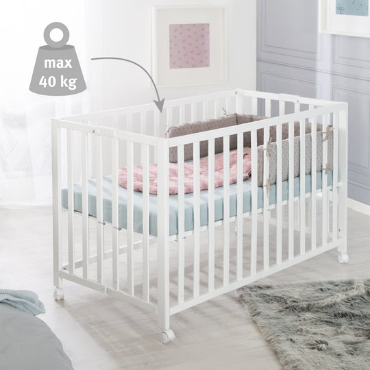 Lit bébé pliable 'Fold Up' 60 x 120 cm - Hauteur réglage - Roulettes mobiles - Blanc