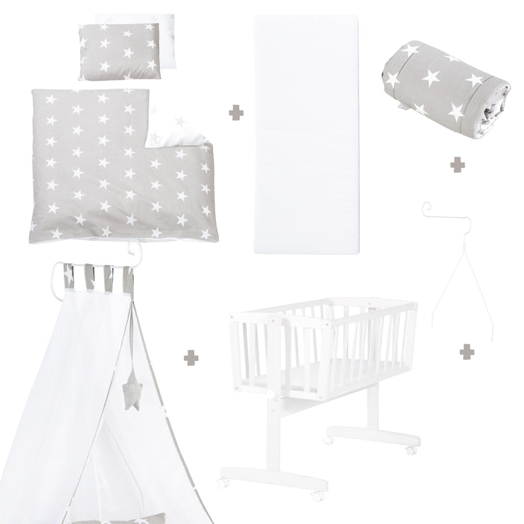 Set culla completo, "Little Stars", 40 x 90 cm, bianco, funzione di blocco, accessori inclusi
