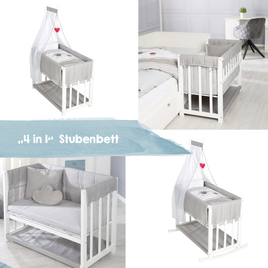 Stuben- & Beistellbett 'Adam & Eule' 4 in 1, Babybett, Wiege & Kinderbank, weiß
