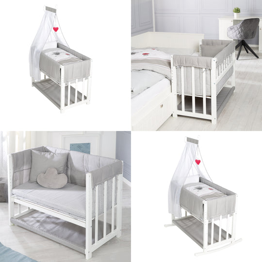 Stuben- & Beistellbett 'Adam & Eule' 4 in 1, Babybett, Wiege & Kinderbank, weiß