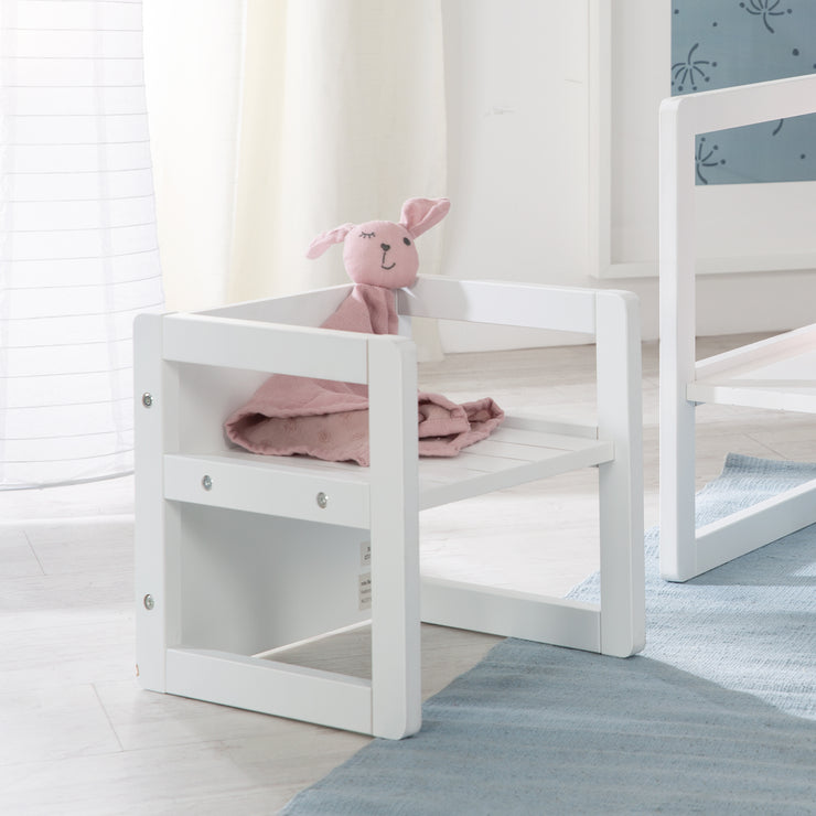 Sgabello per bambini in stile rustico, sgabello reversibile con 3 livelli di seduta, legno bianco