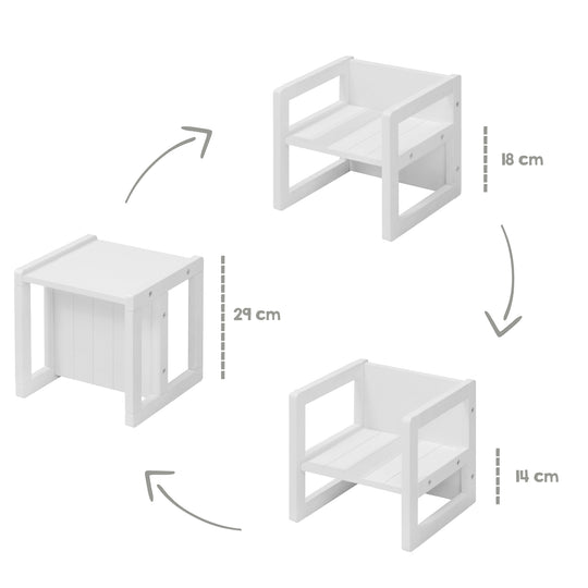 Puff para niños en estilo de casa de campo, puff reversible con 3 alturas de asiento, madera blanca