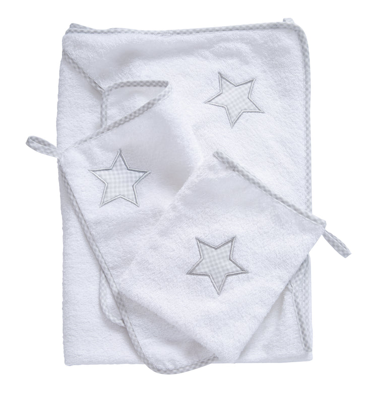 Lot de serviettes "Little Stars", 3 pièces, serviette à capuche, serviette de toilette 30 x 30 cm, gant de toilette