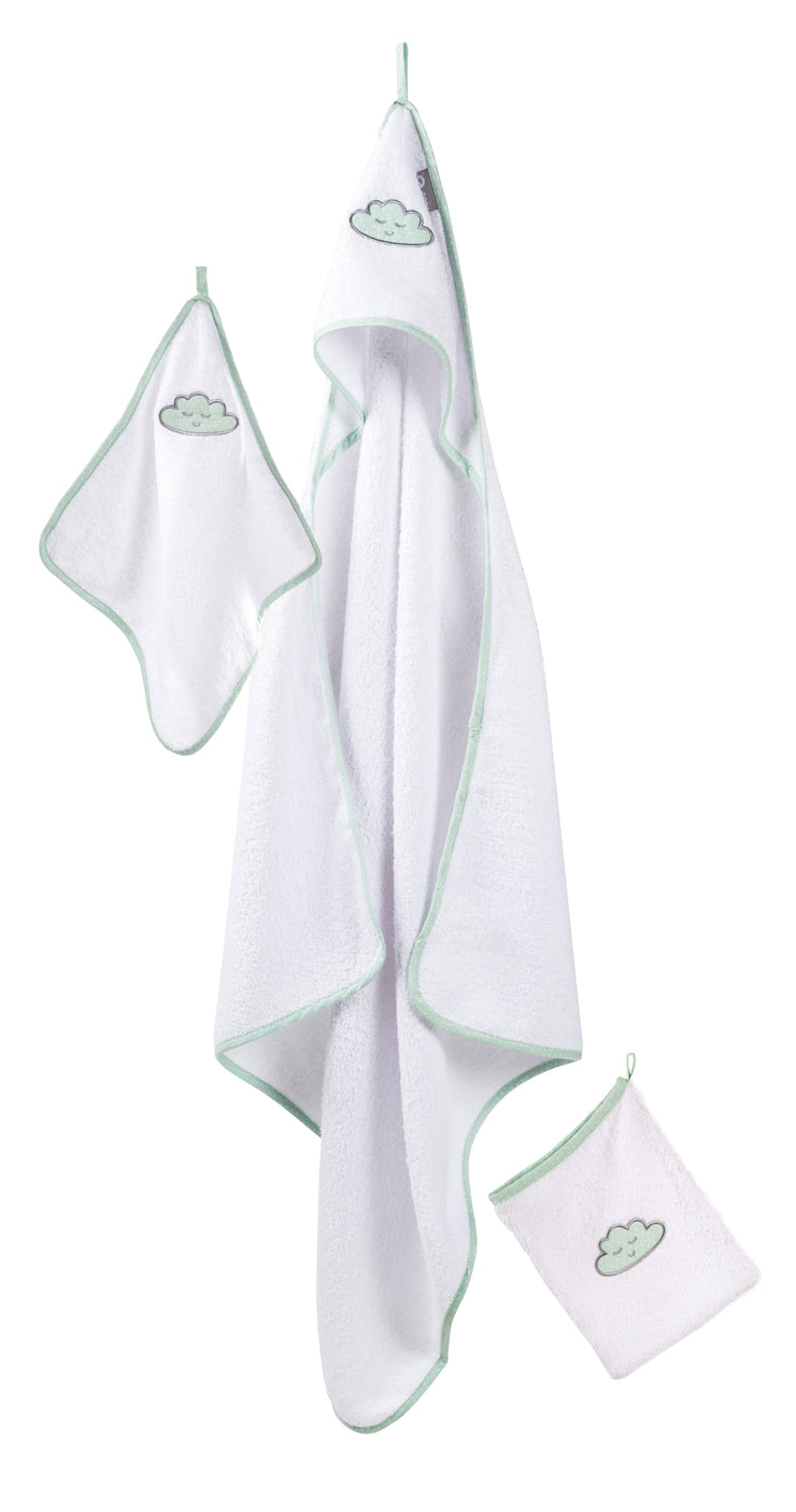 Lot de serviettes "Happy Cloud", 3 pièces, serviette à capuche, serviette de toilette 30 x 30 cm, gant de toilette