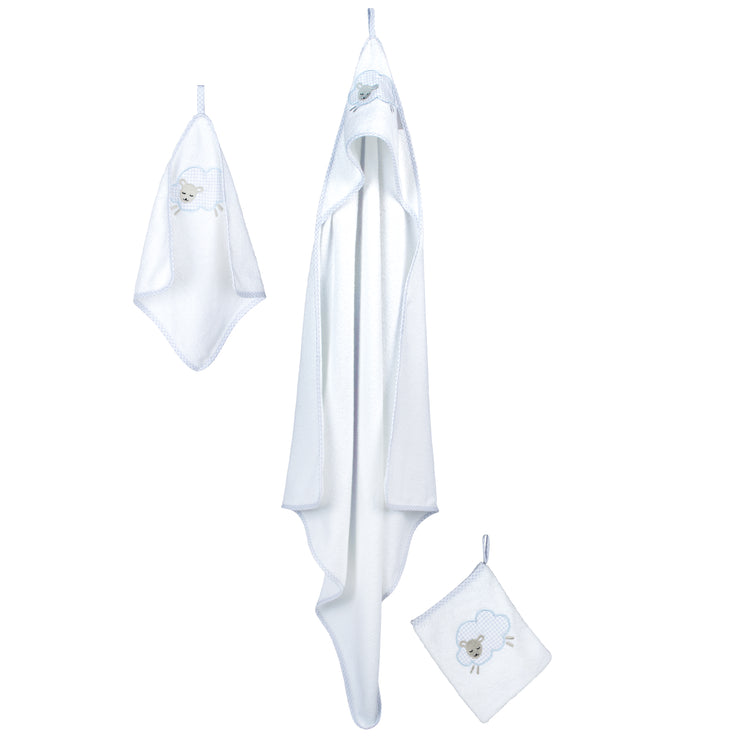 Lot de serviettes "Kleine Wolke blau", 3 pièces, serviette à capuche, serviette de toilette 30 x 30 cm, gant de toilette