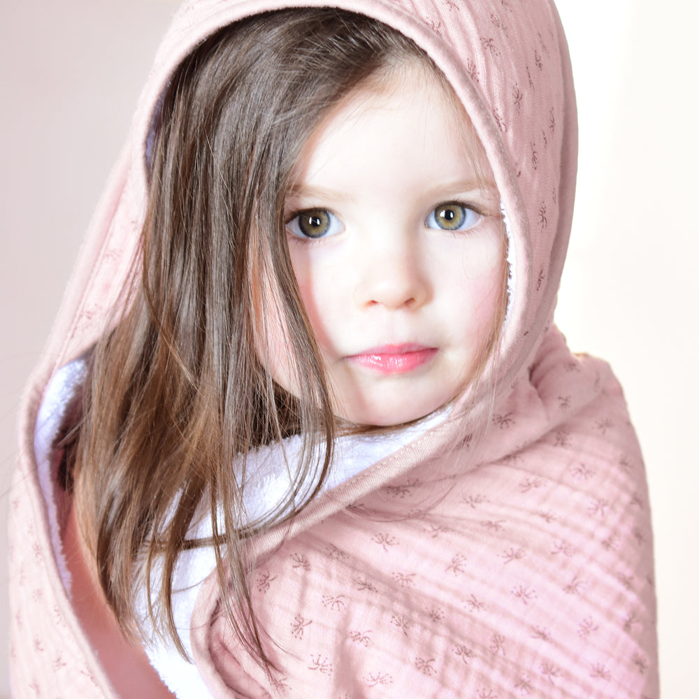 Organic Hooded Towel 'Lil Planet' Pink / Mauve, Muslin Fabric, Organic Cotton, GOTS, 80 x 80 cm