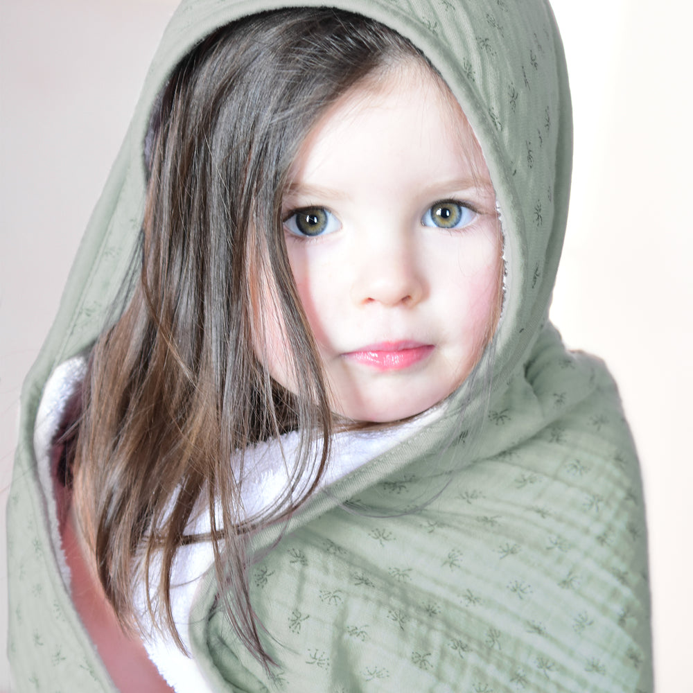 Organic Hooded Towel 'Lil Planet' Frosty Green, Muslin Fabric, Organic Cotton, GOTS, 80 x 80 cm