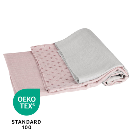 Organic 3-Piece Diaper Set 'Lil Planet' Pink / Mauve, Muslin Fabric, Organic Cotton, GOTS, 80 x 80 cm