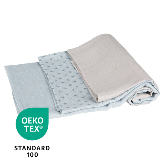 Organic 3-Piece Diaper Set 'Lil Planet' Light Blue, Muslin Fabric, Organic Cotton, GOTS, 80 x 80 cm