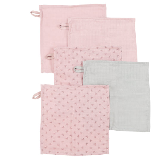 Organic 5-Piece Washcloth Set 'Lil Planet' Pink / Mauve, Muslin, Organic Cotton, GOTS, 25 x 25 cm