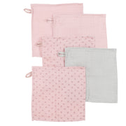 Organic set of 5wash washcloths 'Lil Planet' pink/mauve, muslin, organic cotton, GOTS, 25x25cm