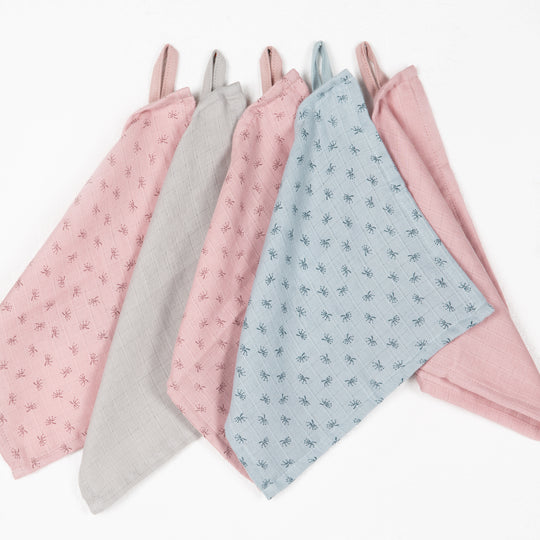 Organic 5-Piece Washcloth Set 'Lil Planet' Pink / Mauve, Muslin, Organic Cotton, GOTS, 25 x 25 cm