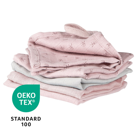 Organic 5-Piece Washcloth Set 'Lil Planet' Pink / Mauve, Muslin, Organic Cotton, GOTS, 25 x 25 cm