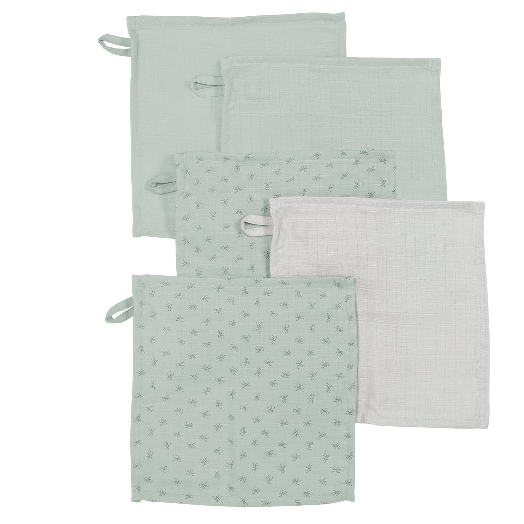 Organic 5-Piece Washcloth Set 'Lil Planet' Frosty Green, Muslin, Organic Cotton, GOTS, 25 x 25 cm