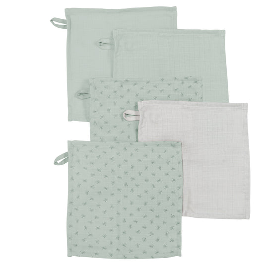 Organic 5-Piece Washcloth Set 'Lil Planet' Frosty Green, Muslin, Organic Cotton, GOTS, 25 x 25 cm