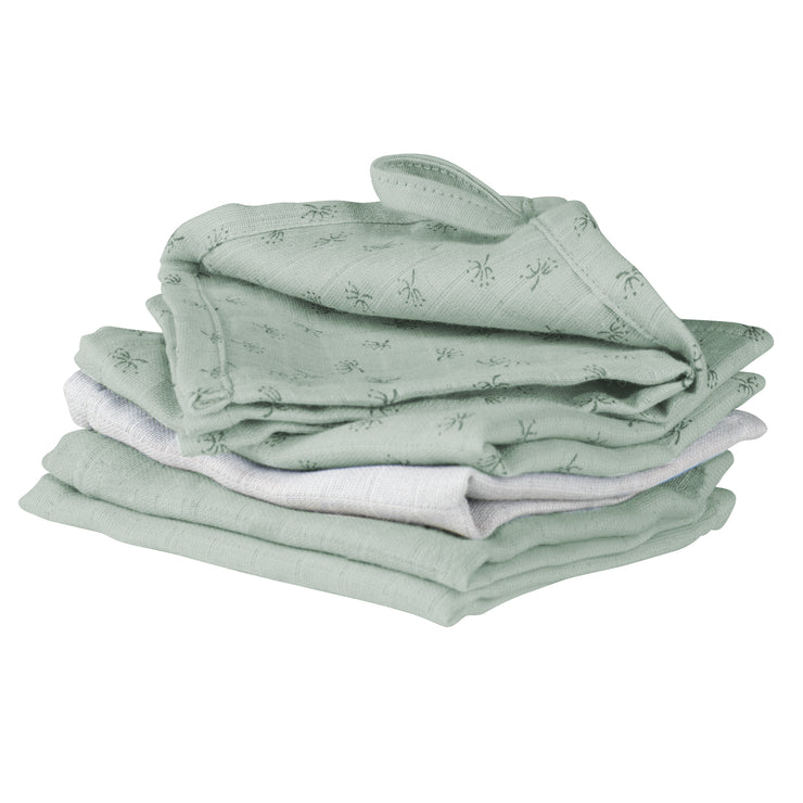Organic set of 5 washcloths 'Lil Planet' frosty green, muslin, organic cotton, GOTS, 25 x 25 cm