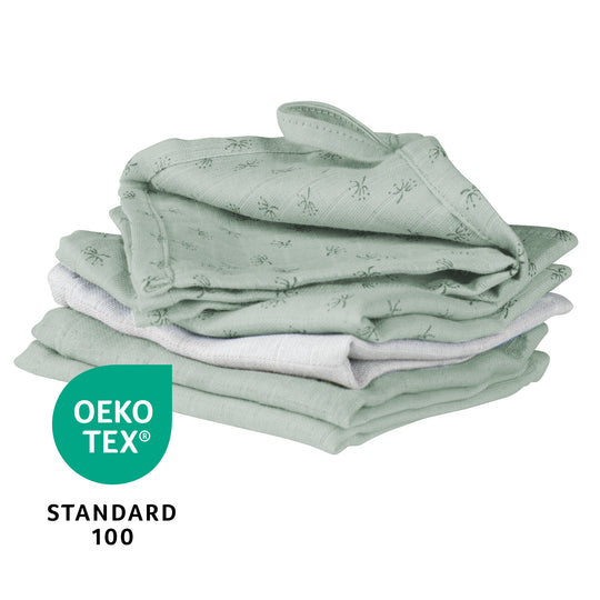 Organic 5-Piece Washcloth Set 'Lil Planet' Frosty Green, Muslin, Organic Cotton, GOTS, 25 x 25 cm