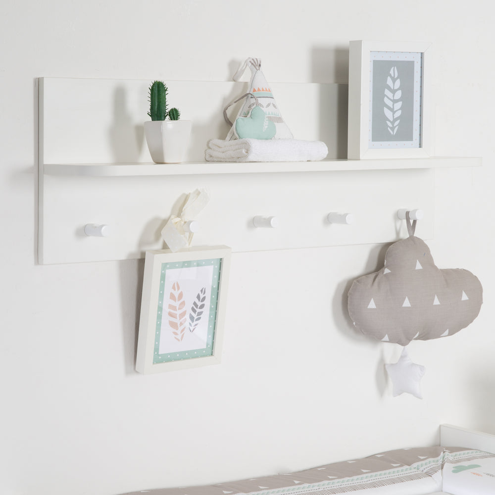Wall Coat Rack 'Maren', 1 Shelf, 5 Hooks White, for Hallway/Bathroom or Coat Rack in Children's Room