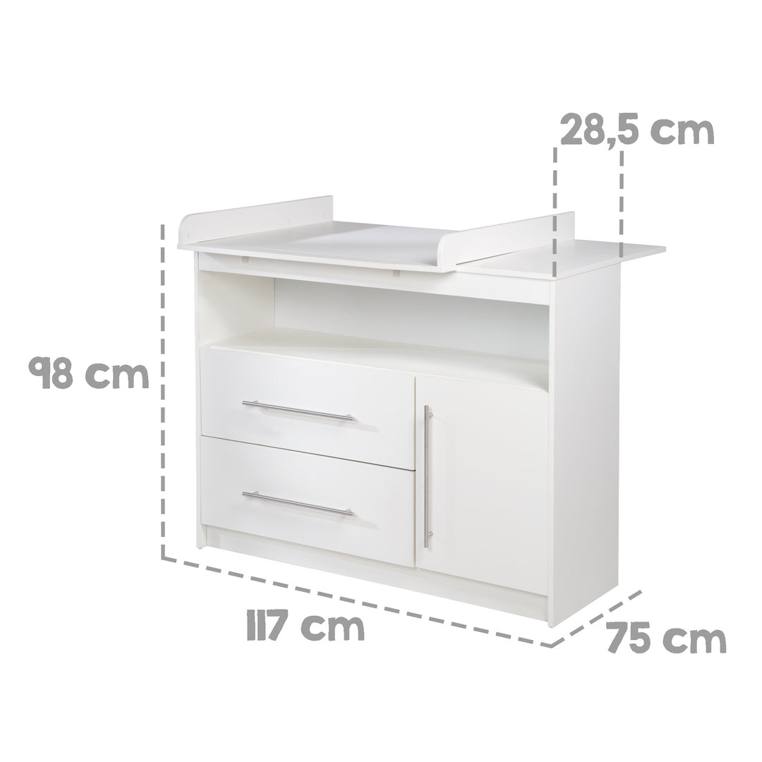 Cómoda de cambio 'Maren', con superficie para cambio desmontable, ancha, 2 cajones, altura de cambio 90,5 cm