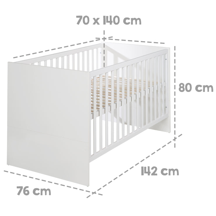 Cama infantil combi 'Maren', 70 x 140 cm, blanca, ajustable en altura, 3 barras antideslizantes, convertible
