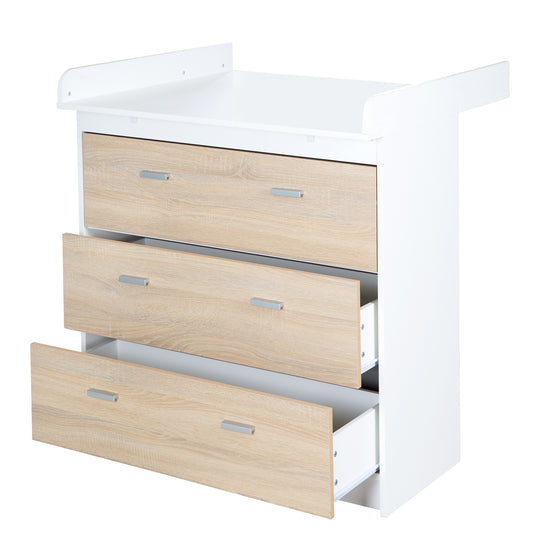 Commode 'Gabriella' avec table à langer amovible, bicolore, 3 tiroirs, hauteur à langer 90 cm