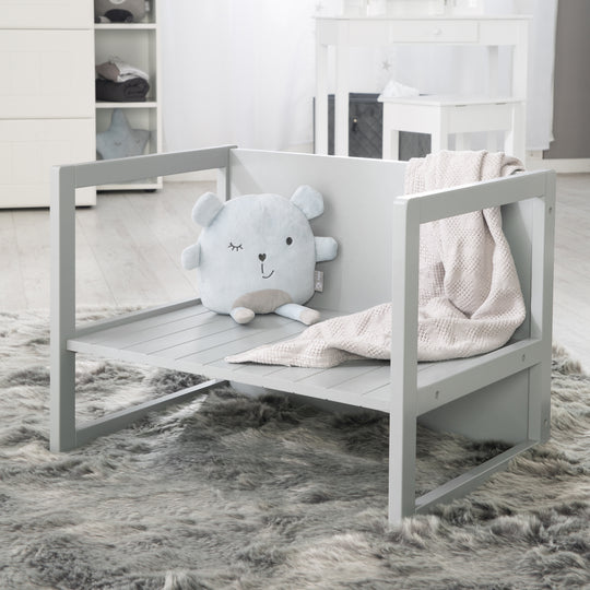 Sitzgruppe im Landhausstil für Kinder, 2 Hocker & eine zum Tisch umwandelbarer Kinderbank, grau