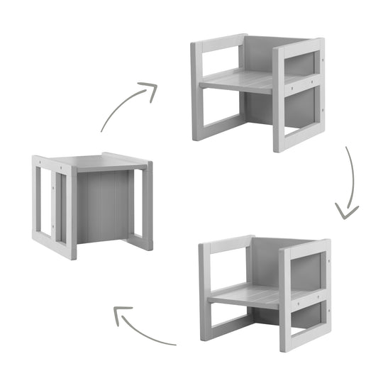 Sitzgruppe im Landhausstil für Kinder, 2 Hocker & eine zum Tisch umwandelbarer Kinderbank, grau