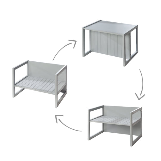 Sitzgruppe im Landhausstil für Kinder, 2 Hocker & eine zum Tisch umwandelbarer Kinderbank, grau