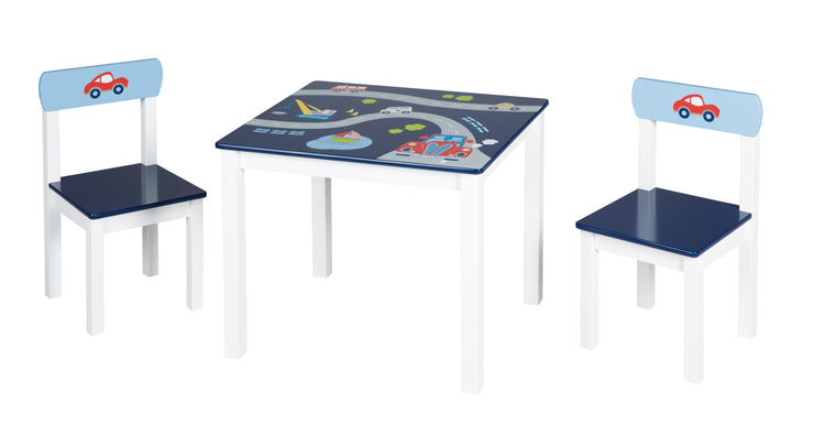 Kindersitzgruppe 'Rennfahrer', 2 Kinderstühle & 1 Tisch, mit Fahrzeug-Motiven in blau
