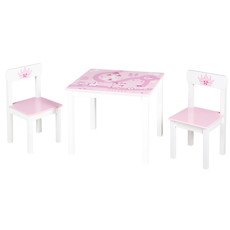 Grupo de asientos para niños 'Krone', 2 sillas para niños y 1 mesa, con princesa / castillo / unicornio, rosa