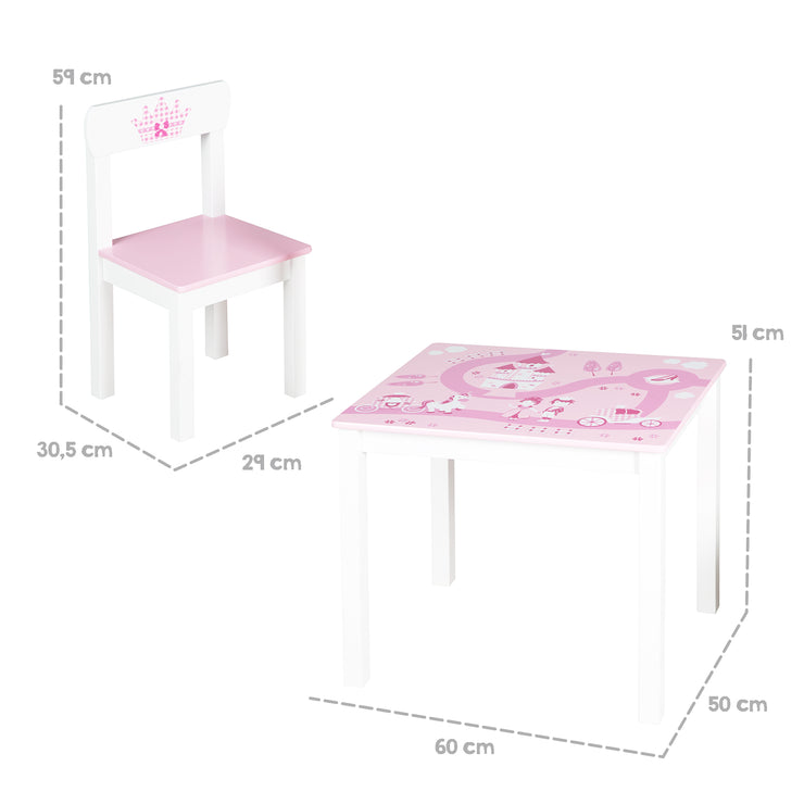 Dinette pour enfant "Krone", 2 chaises et 1 table pour enfant, avec princesse/château/licorne, rose