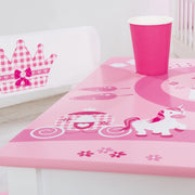 Grupo de asientos para niños 'Krone', 2 sillas para niños y 1 mesa, con princesa / castillo / unicornio, rosa