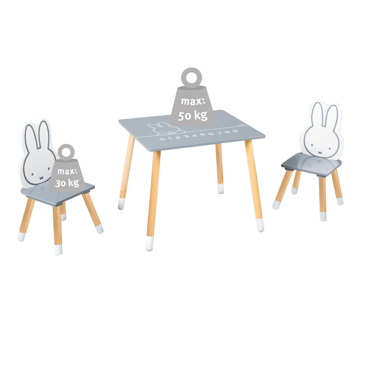 Grupo de asientos para niños 'miffy®', 2 sillas para niños y 1 mesa, madera, gris oscuro / lacado blanco