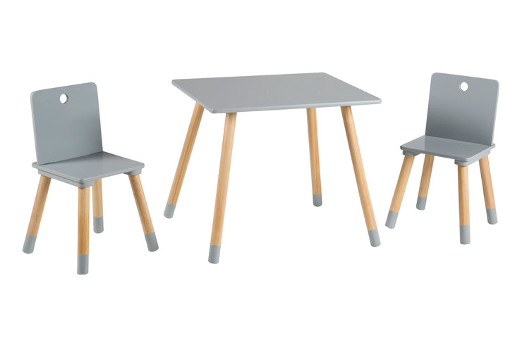 Ensemble de sièges, set composé de 2 chaises et un table pour enfants, en bois, gris laqué