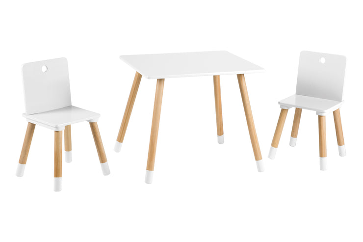 Ensemble de sièges, Set composé de 2 chaises et 1 table d'enfant, en bois blanc laqué