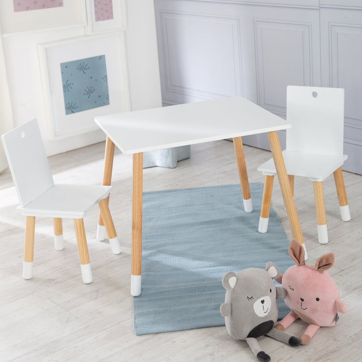 Child seat group, children's furniture set of 2 children's chairs & 1 table, wood, white lacquered