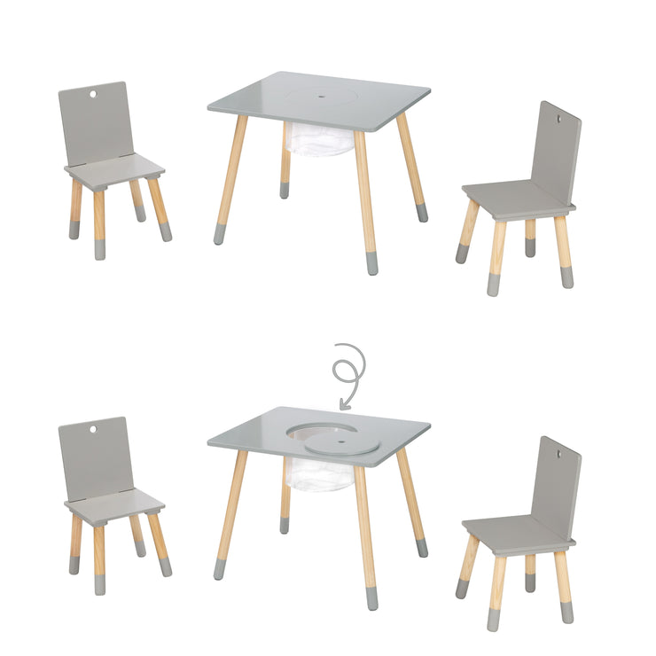 Kindersitzgruppe, Set aus Stühlen und Tisch, Holz grau lackiert, inkl. Aufbewahrungsnetz